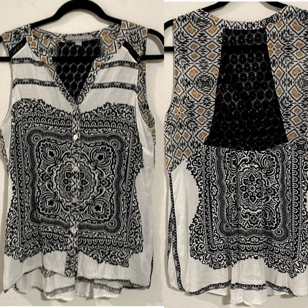 Valerie Stevens Women’s Button Front Tank Top Small Black & White Paisley Lace